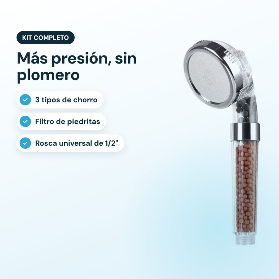 Ducha de alta presión con filtro: 3 tipos de chorro y rosca universal